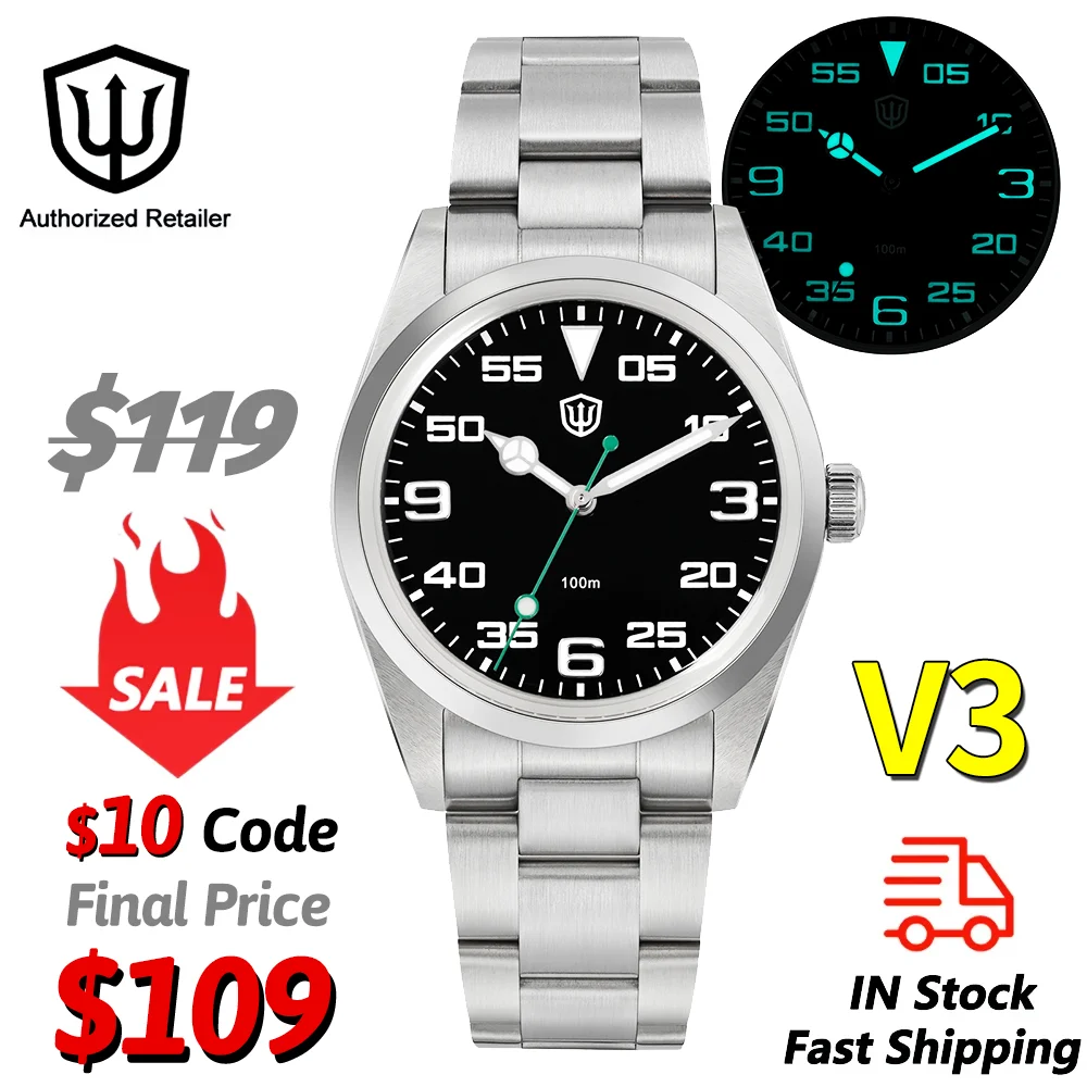 

Watchdives WD1016 V3 Кварцевые часы VH31 100M Водонепроницаемые K1 Стекло Сапфировое зеркало Нержавеющая сталь Светящиеся 37 мм Винтажные часы