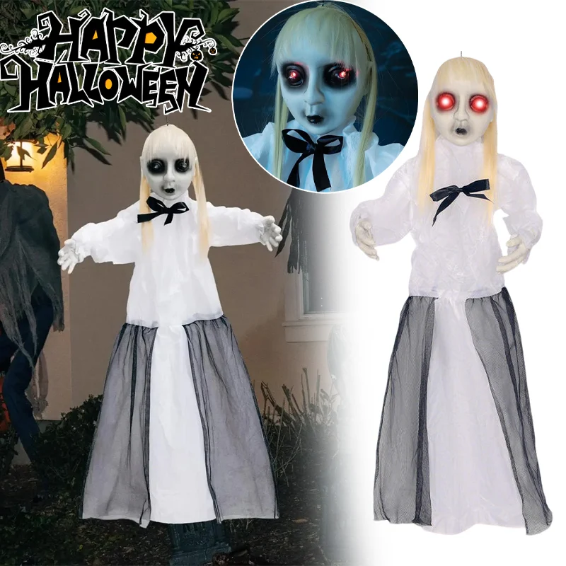 

Halloween Female Ghost Hanging Prop Electric Sensing Glowing Sound for Party Scary Prank for Haunted House Secret