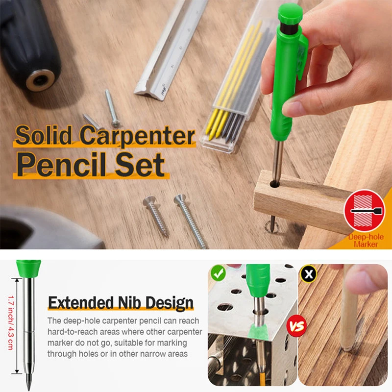 Solid Carpenter Pencil with Refill Built-in Sharpener Mechanical Woodworking Construction Pencil Line Drawing Marker Supplies