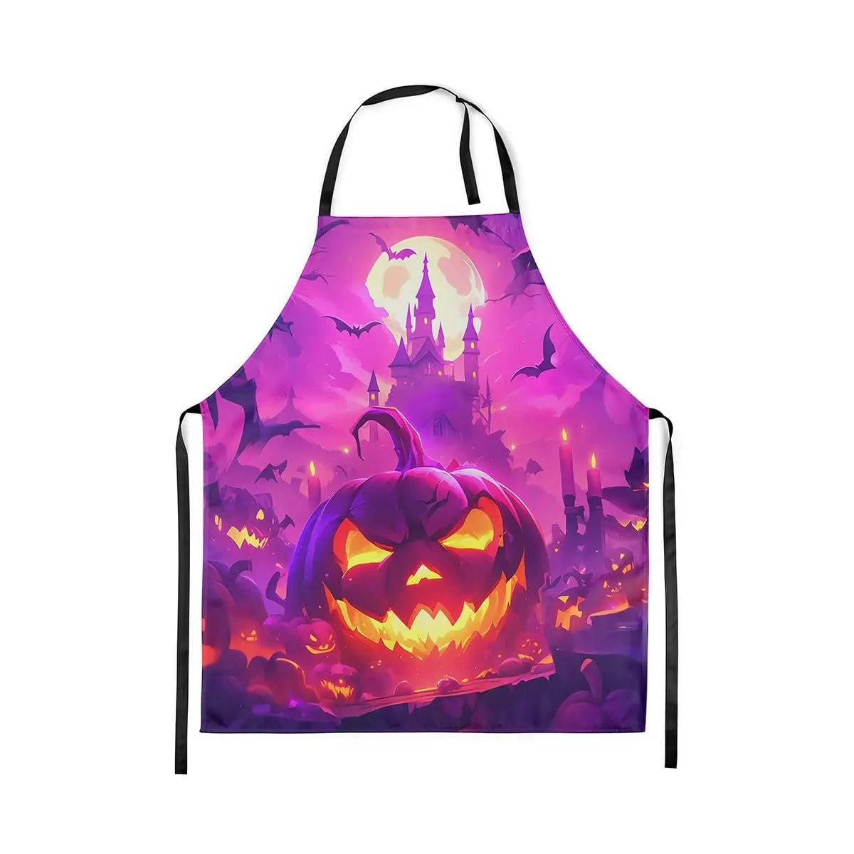 

Кухонный фартук с тыквой, счастливый Хэллоуин, фартук с замком в готическом стиле для взрослых, черный, фиолетовый, дикая летучая мышь, ужас, водонепроницаемый фартук