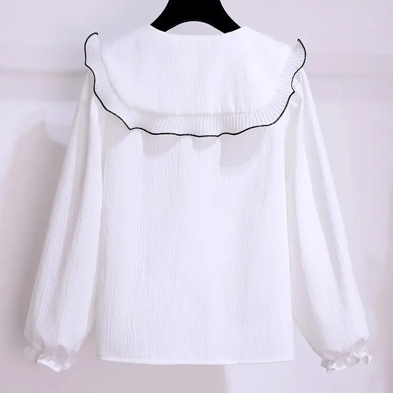 2026 Girls White Peter Pan Collar Long Sleeve Shirt Spring Autumn Kids Elegant Button Top Children Blouse Fashion Clothing
