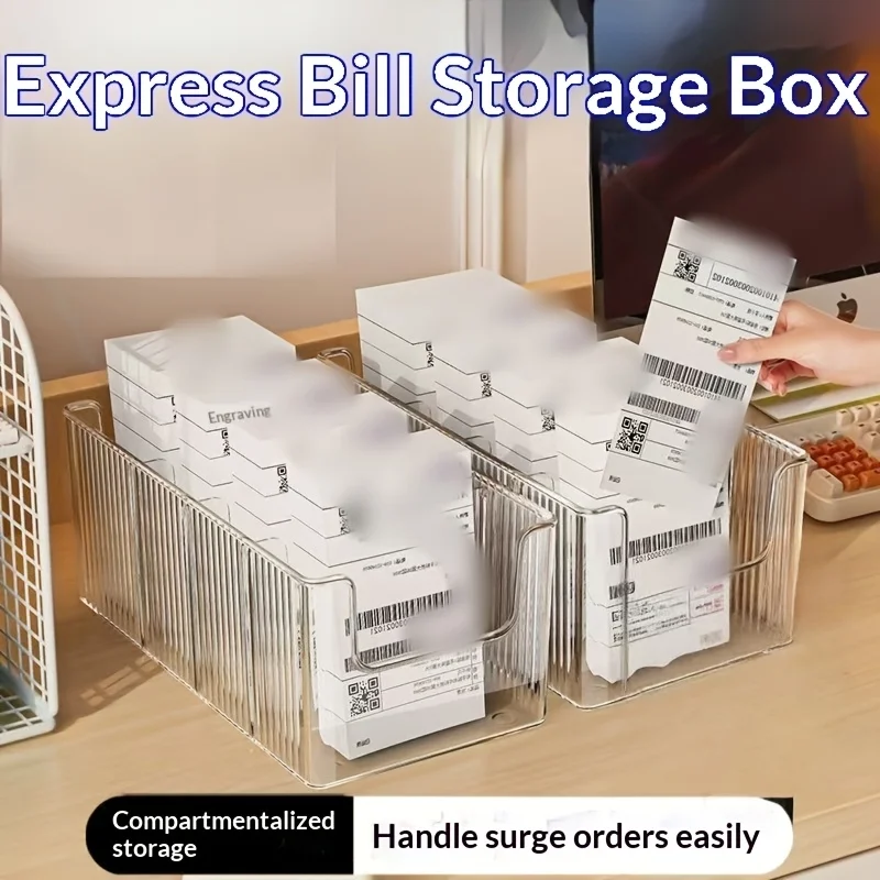 1Pcs Clear Ribbed Desktop Storage Bin with Handle, Express Bill Invoice Organizer, Transparent Stationery File Basket for Office