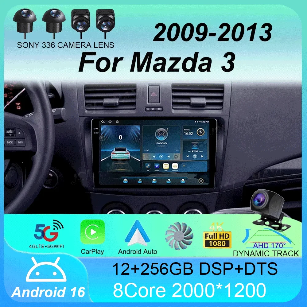 Android 16 2 Din Car Radio for Mazda 3 2009-2013 Multimedia Player Stereo Navigation Carplay Speakers Head Unit Video Audio GPS