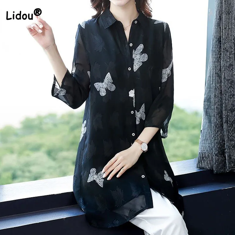 Fashion Women\'s Casual Printed Spliced Chiffon Shirt Summer Korean All-match 3/4 Sleeve Single-breasted Blouse Female Clothing