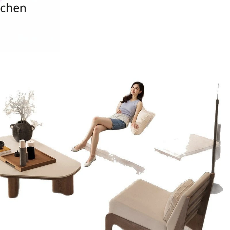 HT Modern Minimalist Solid Wood Fabric Straight Sofa Three-Seater High-End Wabi-Sabi Style Living Room New Model