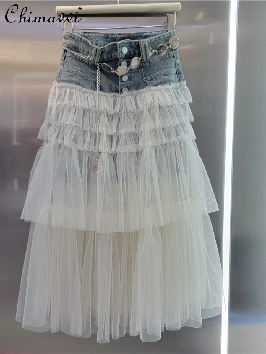 

Fashion Mesh Puffy Denim Skirt Women 2024 Summer New Single-Breasted High Waist Slimming Mid-Length A- Line Sheath Skirts