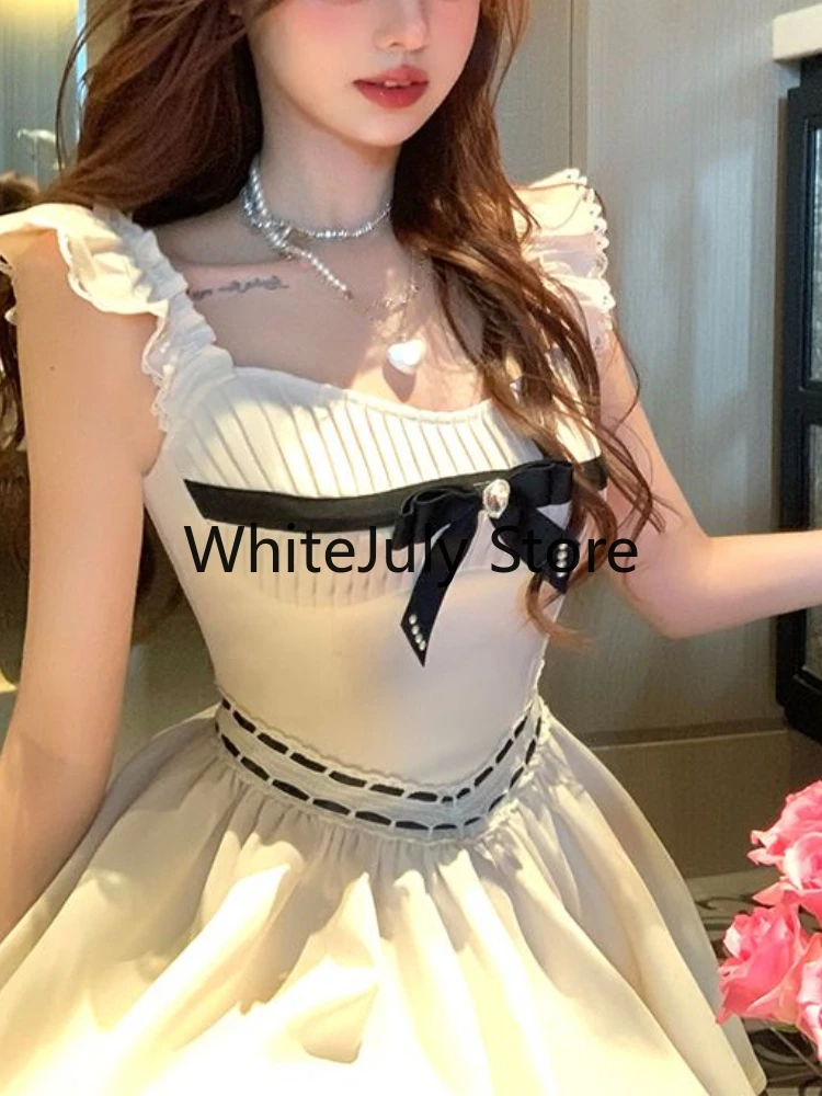 2023 Summer Bow Elegant Fairy Short Party Dress Women One Piece Dress Korean Fashion French Sleeveless Y2k Mini Strap Dress