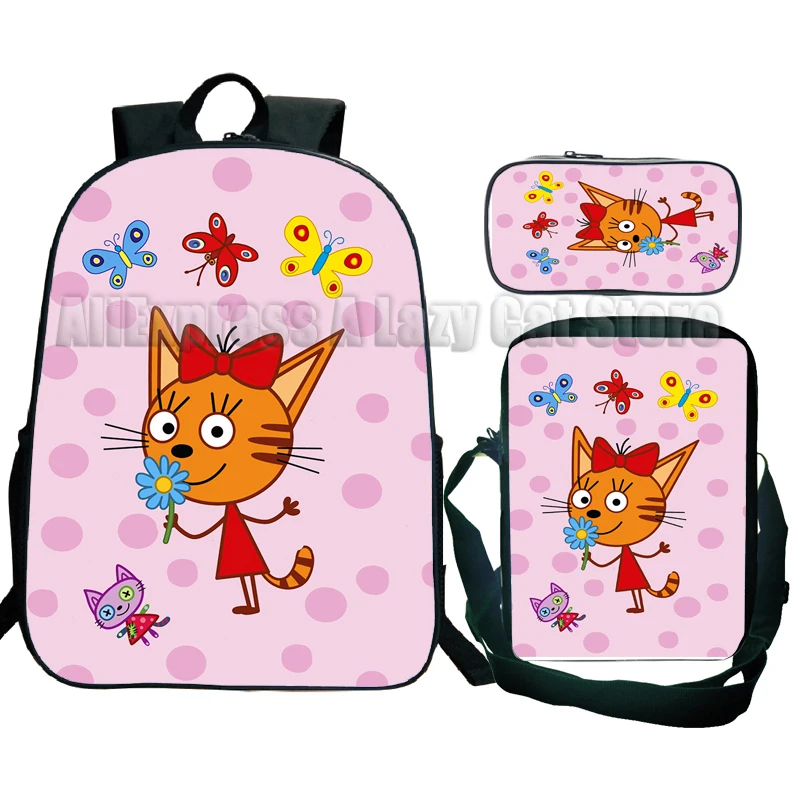 Mochila escolar de tres gatitos para niños y niñas, morral de dibujos animados de Anime, 3 piezas