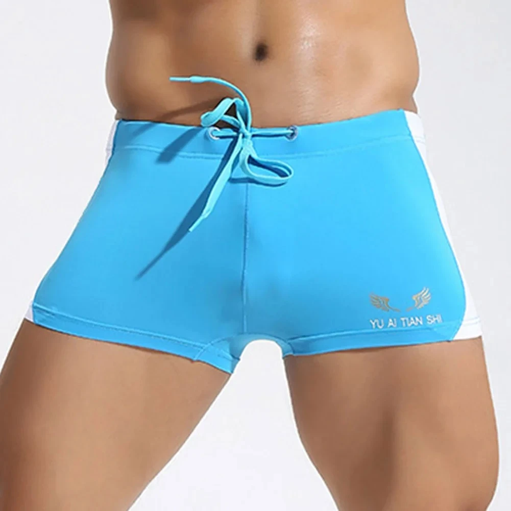 Men's Fashion Sexy Nylon Color-Block Swimming Trunks Summer Ice Silk Mid-Rise Drawstring Boxer Swimwear Hot Spring Bathing Suits