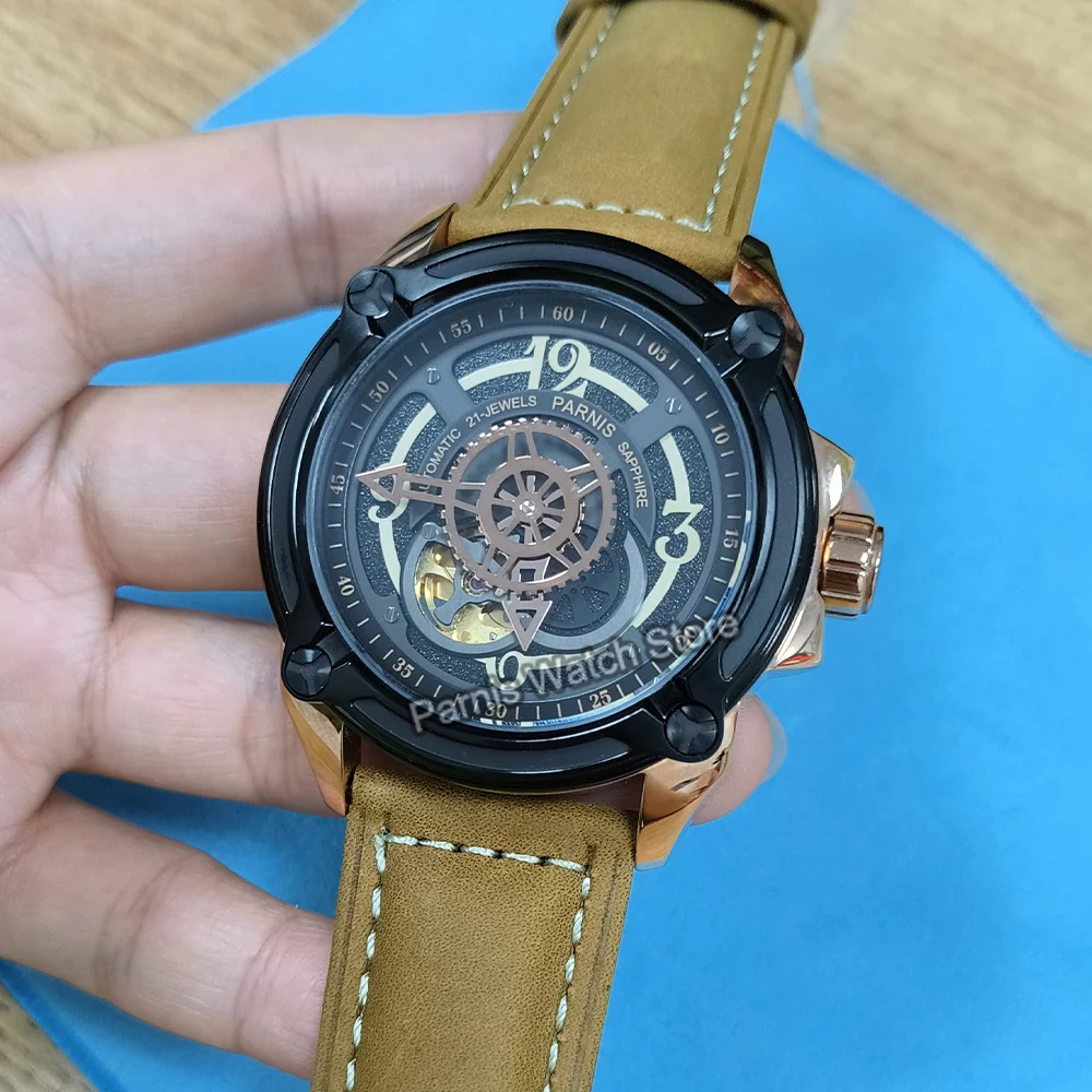 Parnis 44 مللي متر الهيكل العظمي الرجال اليابان 82S5 حركة ساعة ميكانيكية العسكرية الطيار ساعة PVD الأسود ارتفع الذهب حالة حزام من الجلد