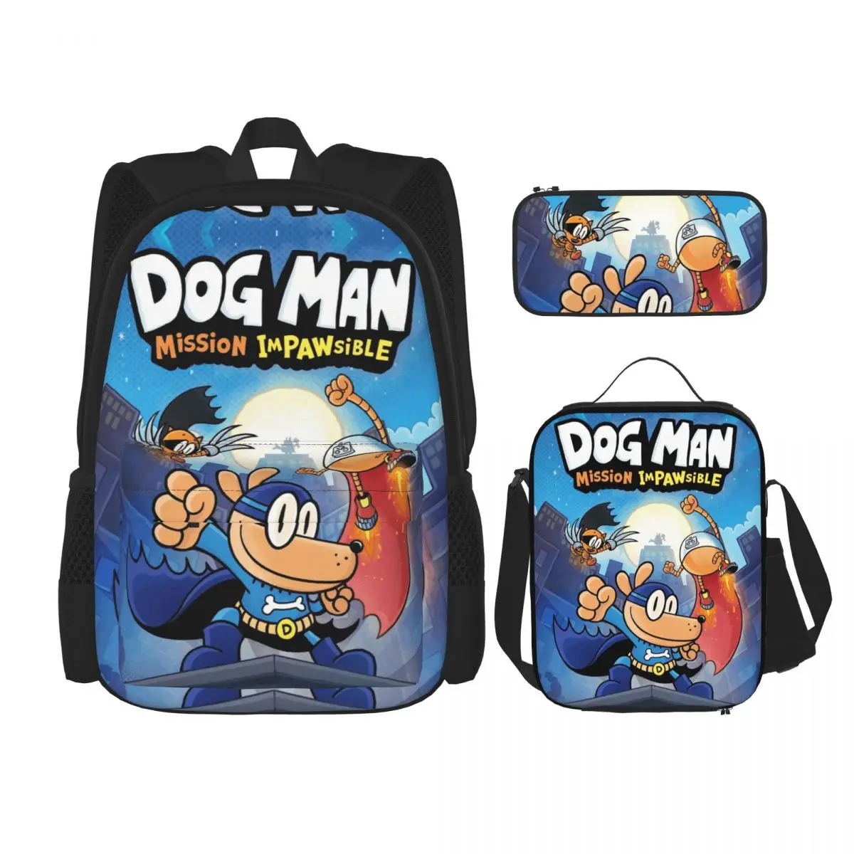 

3pecs/set Cartoon Petey Cat Dog Man Backpack for Student High School Daypack Lunch bag Pencil Case
