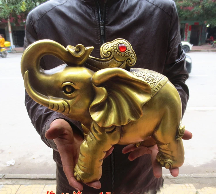 A pair --LARGE -HOME office SHOP Business ART Money Drawing GOOD LUCK Mascot # India Thailand FU Elephant FENG SHUI Brass statue