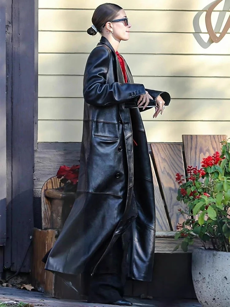 Naturaleye Neutral Style Super Long Over-Knee Double Row Button PU Leather Black Women's Jacket Spring Outerwear Coat
