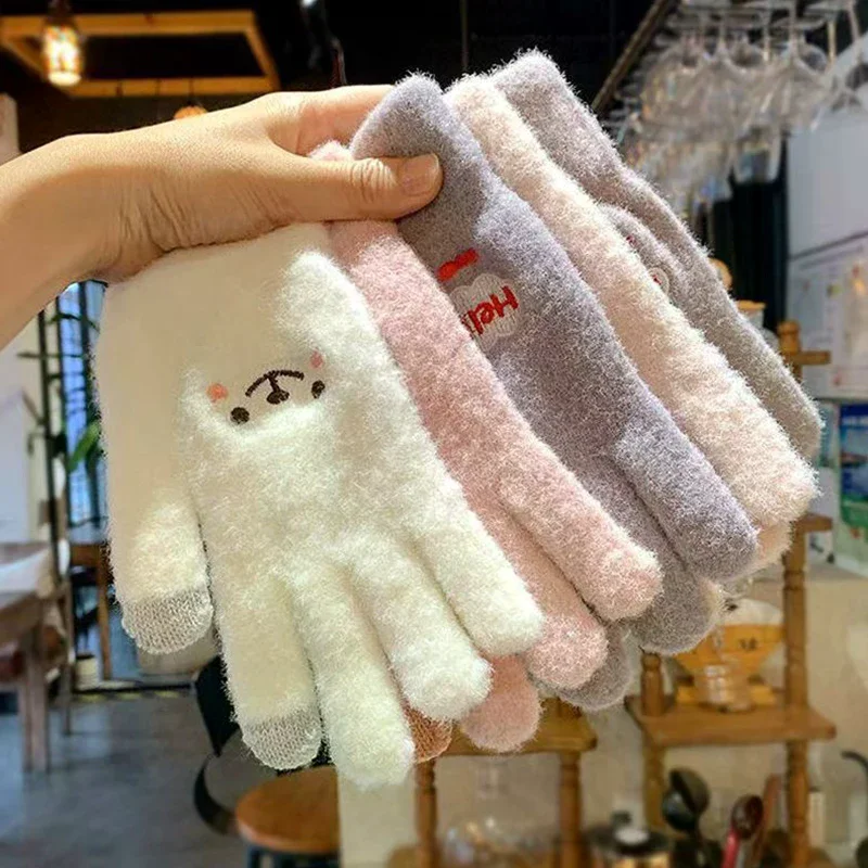 Cute Winter Mink Velvet Five Finger Gloves Plush Warm Cold-proof Full Finger Gloves Women Outdoors Cycling Touch Screen Gloves