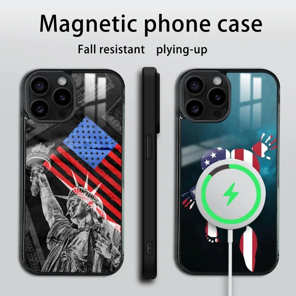 creative art american flag Phone Case For iPhone 16 15 14 13 12 11 Pro Max Plus Mini Mirror Wireless magnetic case