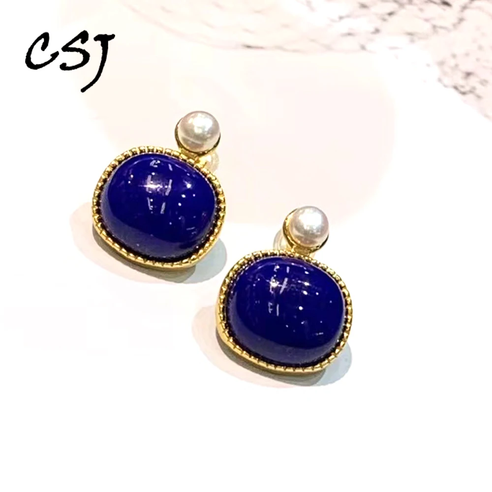 

CSJ Natural Lapis Pearl Earrings 925 Sterling Silver Fine Jewelry Women Femm Lady Wedding Engagment Party Gift