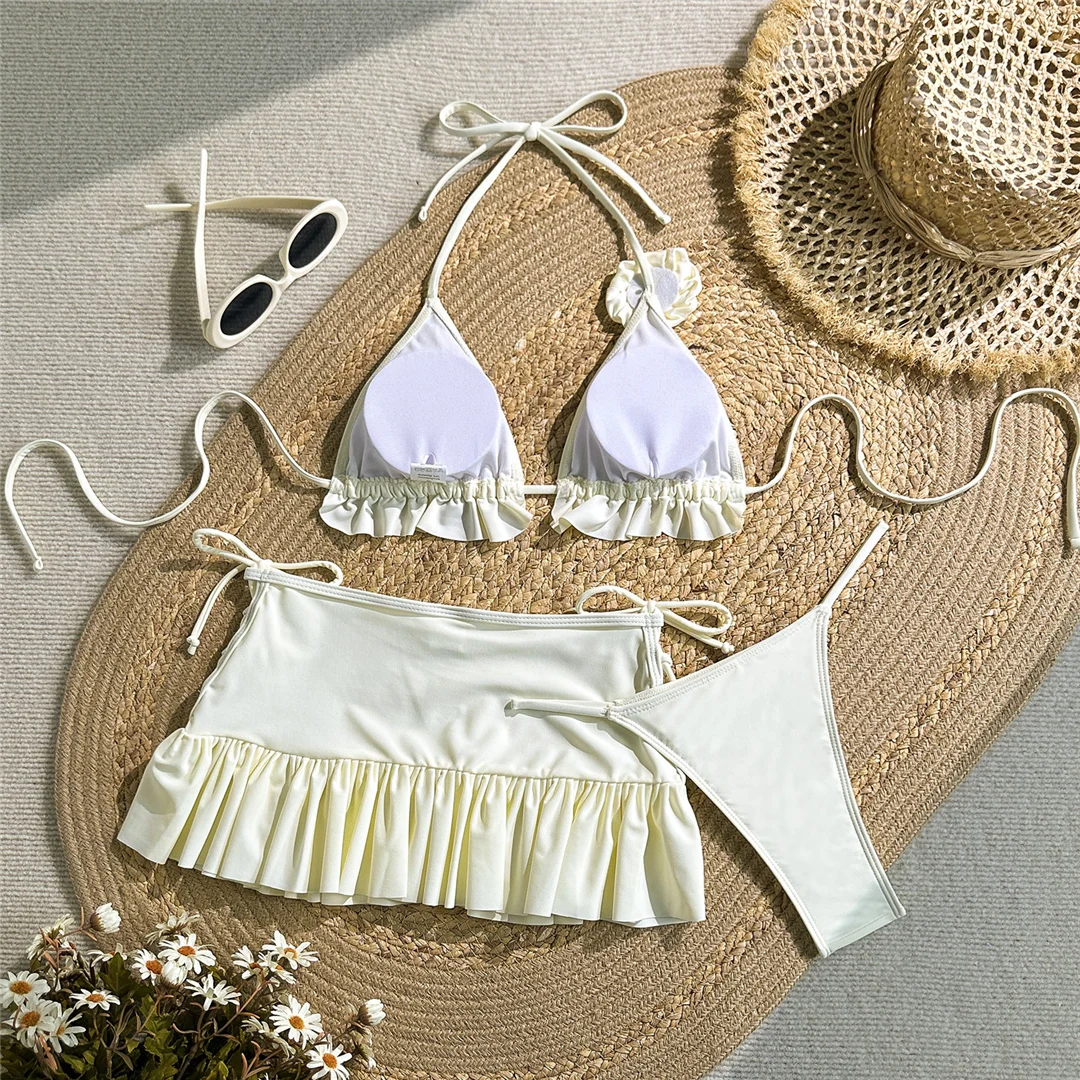 Mit Rock, 3D-Blumenmuster, Neckholder-Bikini, Damen-Badebekleidung, dreiteiliges Bikini-Set, Badeanzug mit Rüschen, Badebekleidung, Schwimmbekleidung V7442 – Detail 9