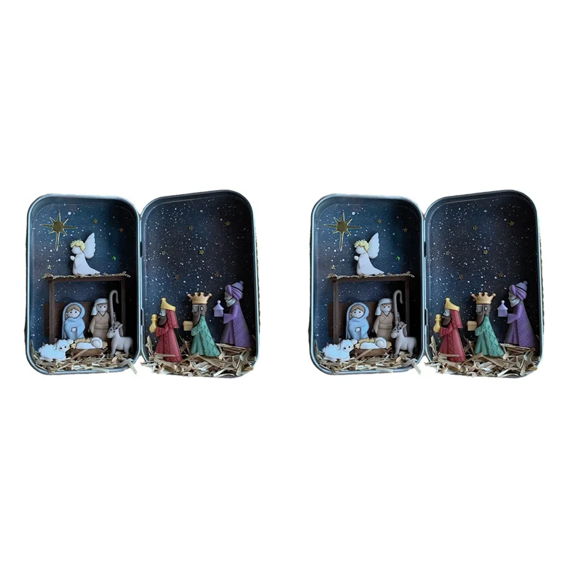 ABWZ-2X Christmas Nativity Handmade Cabin Box Theater Ornaments Jesus Nativity Set Family Nativity Scene For Xmas Decor