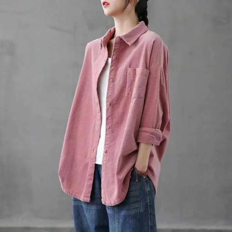 Women's Comfortable New Beautiful Age-reducing Retro Corduroy Shirt Women's Long-sleeved Loose Top