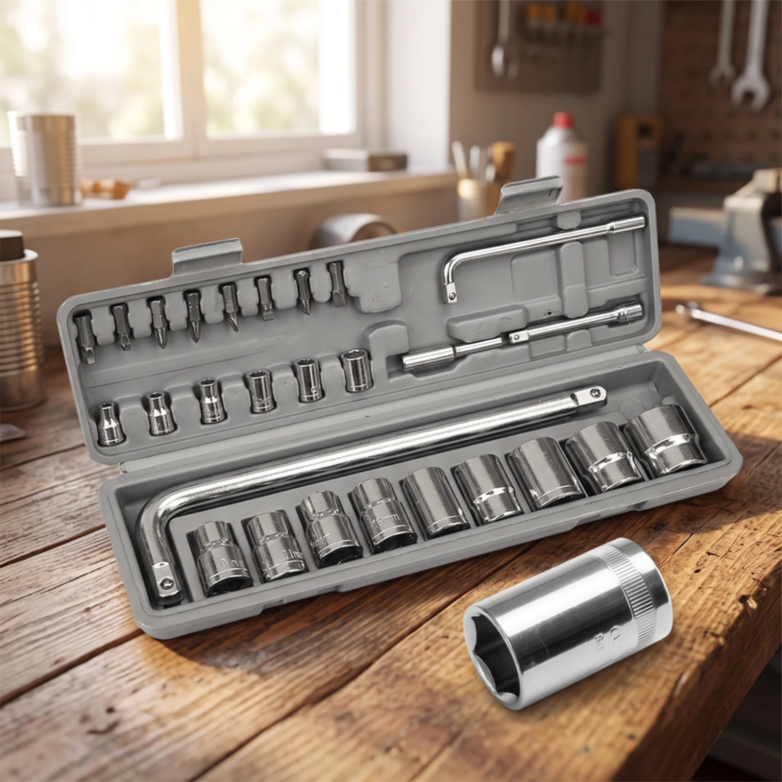 28 Pieces Socket Wrench Tool Kit Heavy-Duty Socket Wrench Set Ratchet Set with Case Portable Car and Motorcycle Tool Kit Sturdy