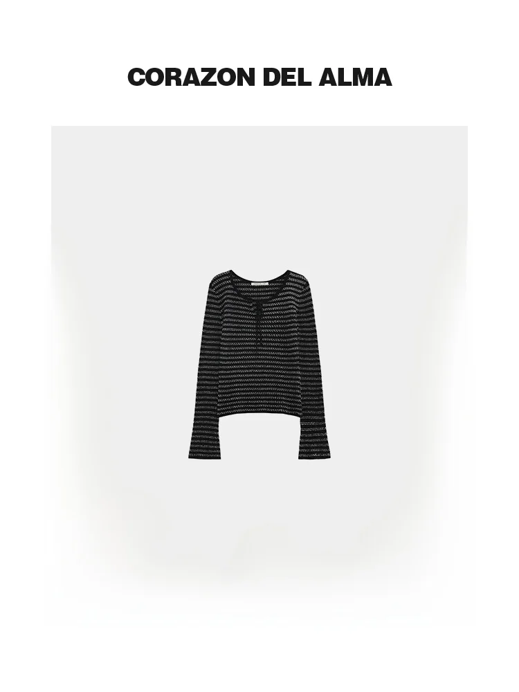 

Модный топ с V-образным вырезом и рукавами-колокол из хлопковой пряжи в полоску, вязаный, с длинными рукавами, простой стиль, для повседневной носки, удобный, дышащий.