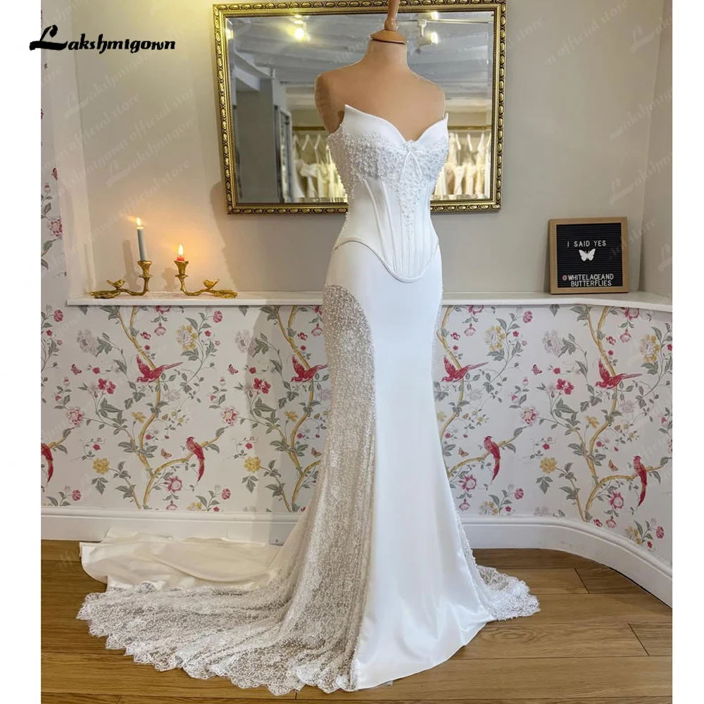 Lakshmigown Sexy Meerjungfrauen-Hochzeitskleider Trägerlos Matt-Satin Vestido De Novia Spitze Perlenbesatz Robe De Mariee Maßanfertigung – Detail 5