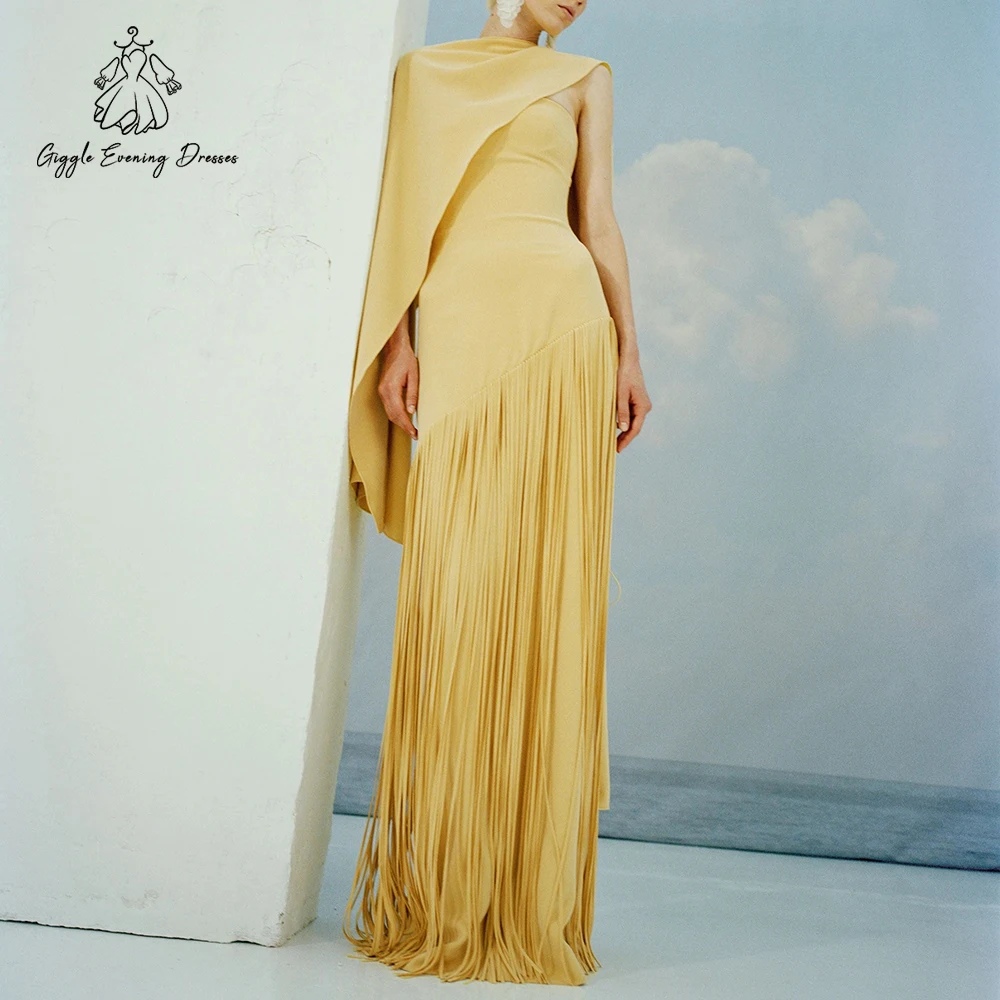 Fashion Women's Formal Gown With Cape One-Shoulder Draped Fringe Evening Dress Mermaid Cocktail Party Maxi Dresses Customized