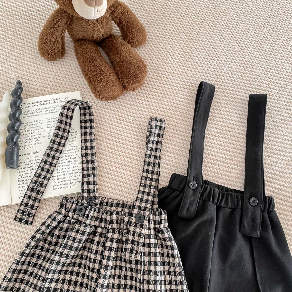 Baby Clothing Spring Autumn 2024 Suspenders Shorts Boys and Girls  Plaid Black Suspenders Rompers Korean Style Kids Clothes