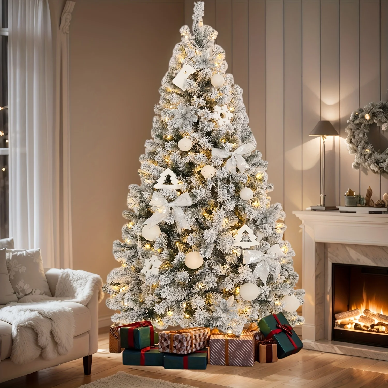 

6ft Pre-Lit Artificial Christmas Tree with 250 LED Lights & 986 Branch Tips, Hinged Snow Flocked Xmas Tree