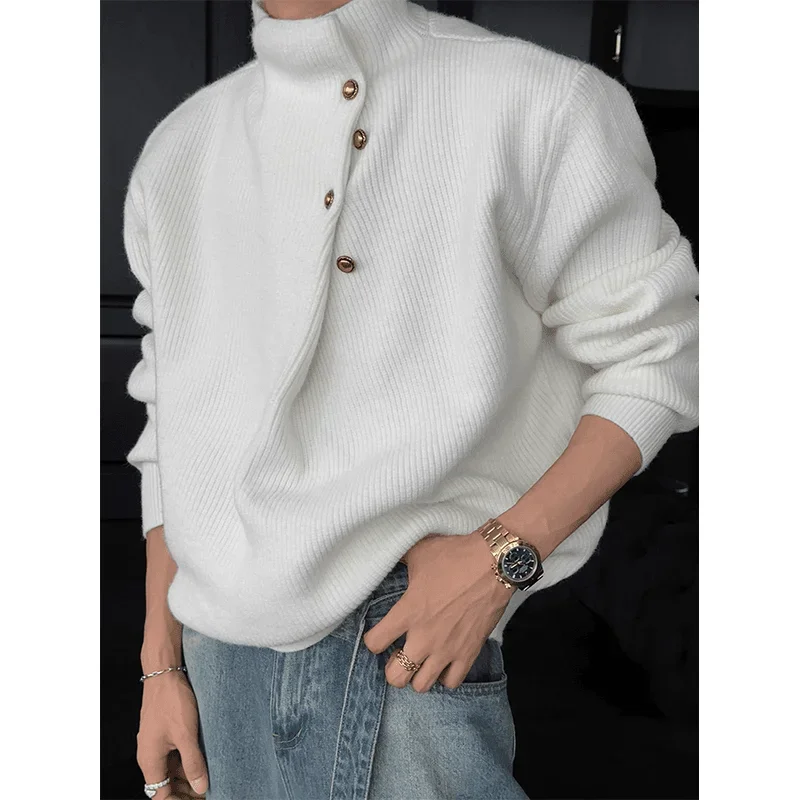 High-end Luxury Design Trend Coats Autumn Winter Knitwear Sweater Men High Neck Button Long Sleeve Pullover Business Casual Tops