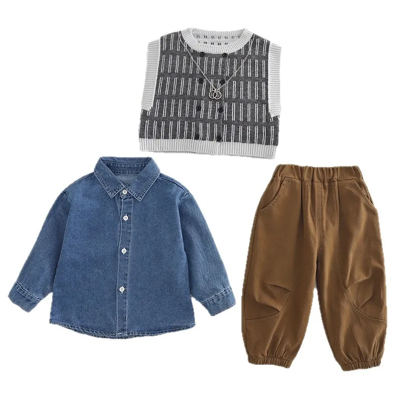 الفتيان الملابس مجموعات ربيع الخريف الأطفال الصوفية جيرسي سترة قمصان الدنيم السراويل 3 قطعة بدلة على الموضة لملابس الطفل الاطفال رياضية