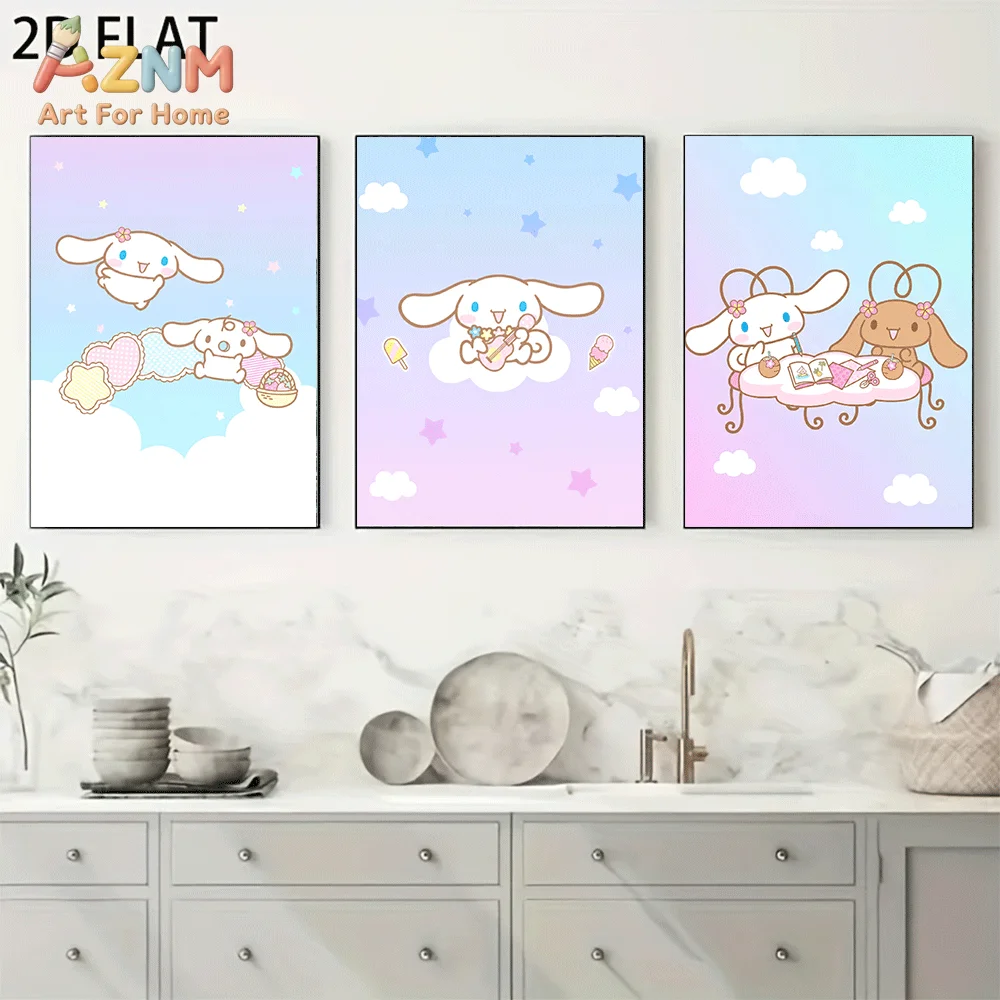 AZNM Cinnamoroll Canvas Wall Art Unframed Cute Cartoon Print Poster Gradient Sky Cloud Star Ice Cream Flower Handcraft Scene Des