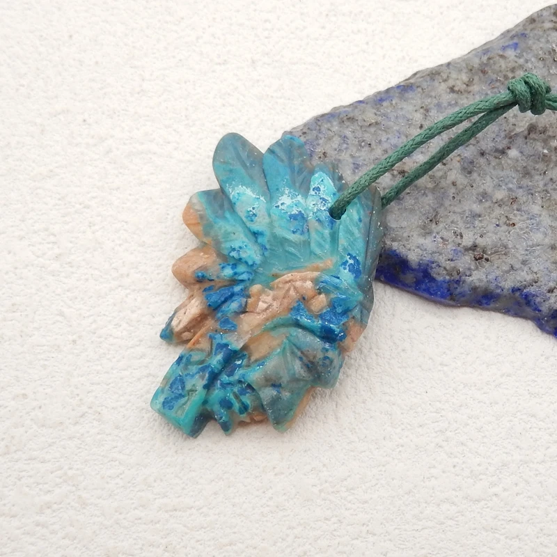 Natural Stone Chrysocolla Carved Indian Head Pendant Bead,Fashion Jewelry Necklace Accessories 37x25x5mm 7g