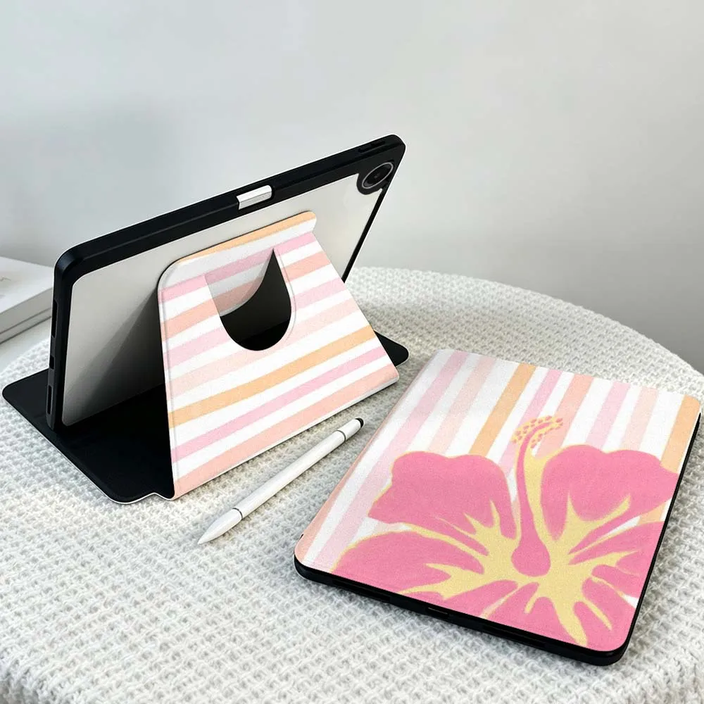 Simple Stripes Flowers Soft For Samsung Galaxy Tab S11 S10 S9 S8 A11 FE Plus Ultra 360° Rotation Stylus Storage Tablet Case