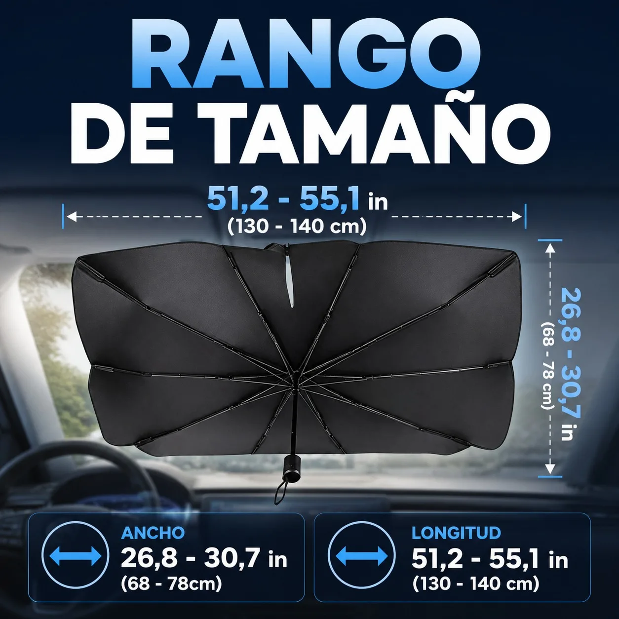 Pare-soleil pliable de type parapluie pour voiture avec revêtement en titane et argent, protection solaire thermique pour pare-brise avant, blocage des rayons UV, dimensions 140x78 cm, couleur noir et argent
