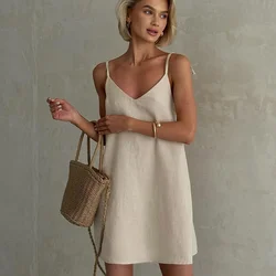 Summer 100% Cotton Backless Midi Dresses Ladies Clothing V-Neck Soild Elegant Sleeveless Dress Hoilday Trip Beach Sundress Robe