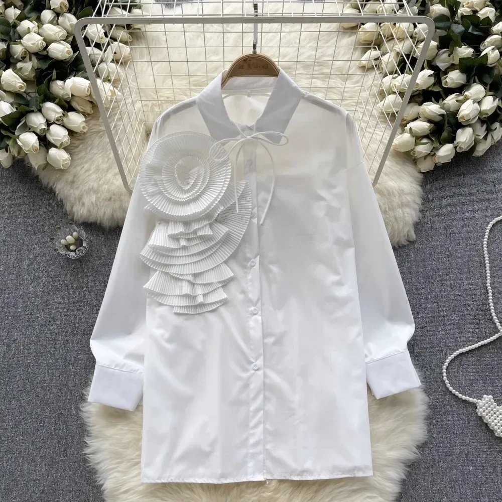 French Chic Women Blouse Fashion 3D Floral Long Puff Sleeve Turn-down Collar Lace Up Autumn Age-reducing Female Tops Dropship