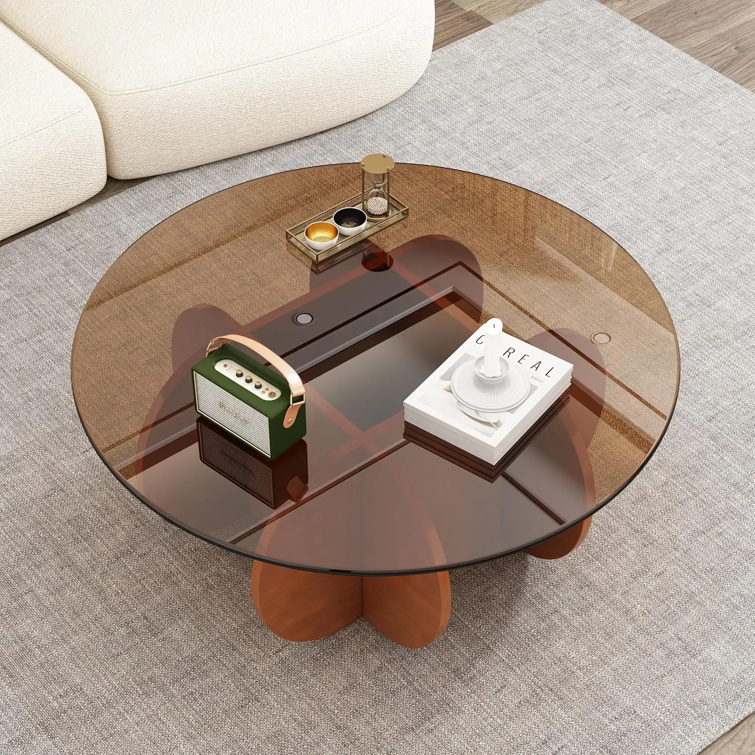 31.5" Mid-Century Modern Round Coffee Table - Tempered Glass Top with Sturdy Wood-Inspired Base,  (Brown+Browm)