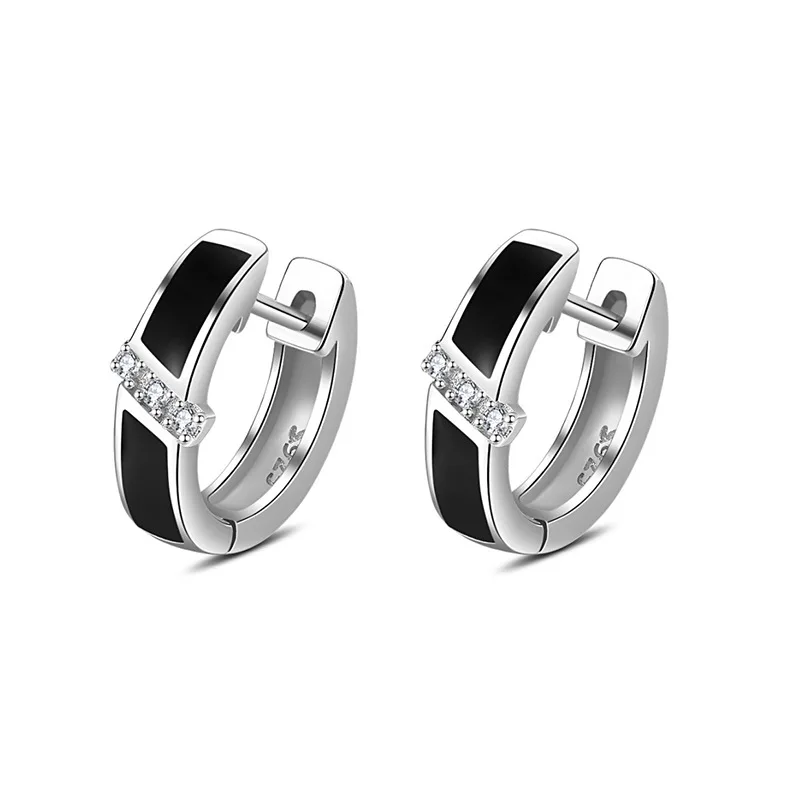 925 Sterling Silver Vintage Black Enamel Crystal Hoop Earrings For Women Girls Wedding Engagement Fashion Jewelry