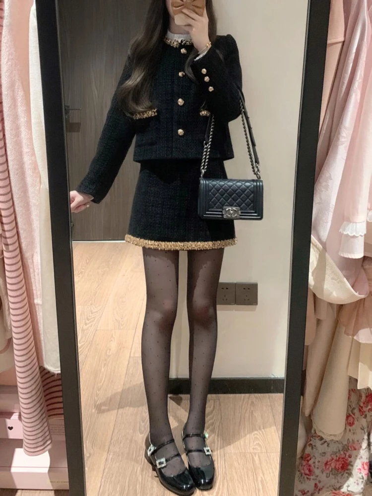 الشتاء الكورية أزياء المرأة قطعتين مجموعة السترة وتنورة مجموعة التخسيس زر مكتب سيدة عارضة تويد دعوى الملابس النسائية