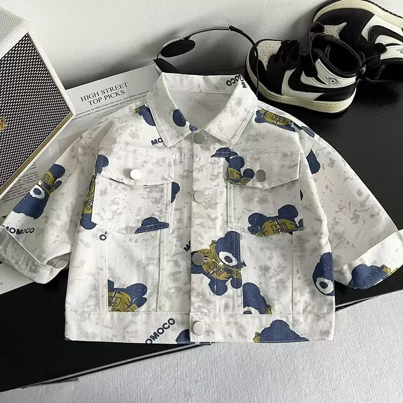 Spring Fall Boys and girls Casual Cartoon Denim Jacket 1-5Years Kids Turn-down Collar Long Sleeve Coat Children Loose Tops