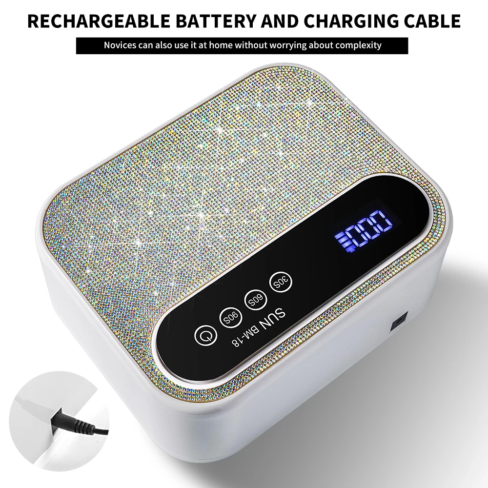 LIMEGIRL Rechargeable Nail Dryer Lamp With Rhinestones Wireless 42LEDS Smart Sensor LDC Screen Infrared Sensing Manicure Tools