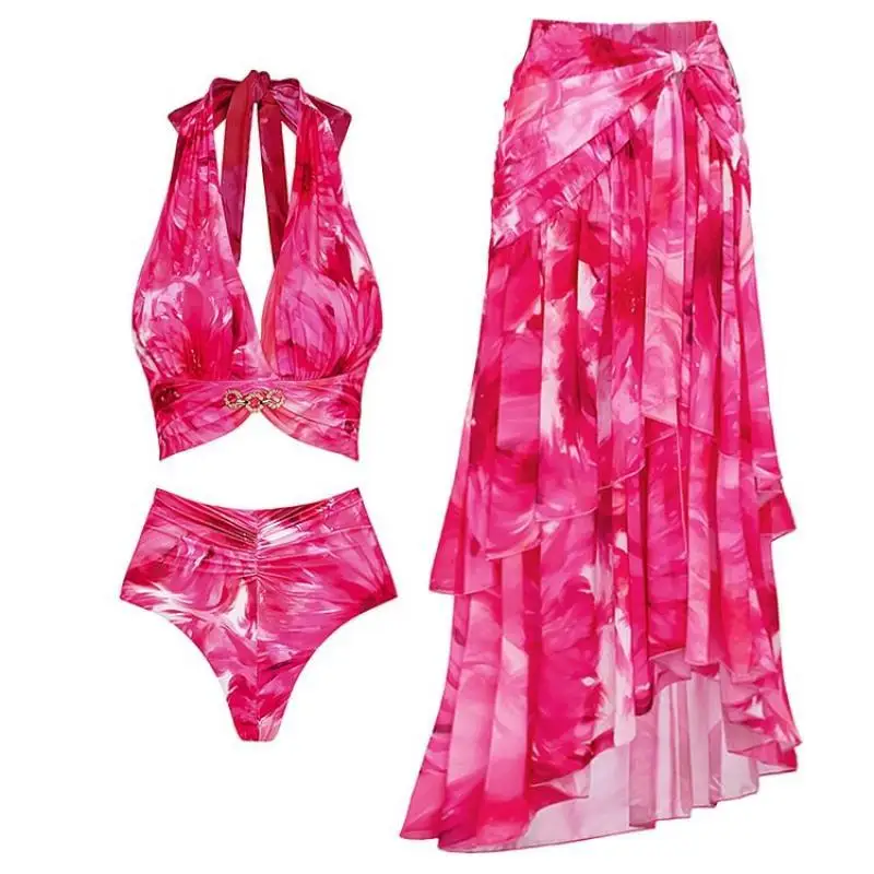 

Summer Swimsuit and Skirt Flaxmaker Women Retro Print Party Bikini Sets Vintage Floral Printed Halter Bikini Sets Beachwear