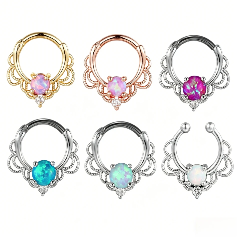 Clickers de Titanio para Septum con Ópalo Sintético 16G 8mm, Anillos de Nariz, Aros para Cartílago y Daith, Color Oro Rosa y Plata, Joyería para Mujer