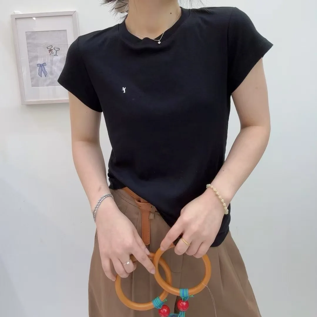 JTEN 2025年夏 レディース ルーズフィット ラウンドネック 半袖Tシャツ 伸縮性 刺繍ラベル トレンド 韓国風トップス