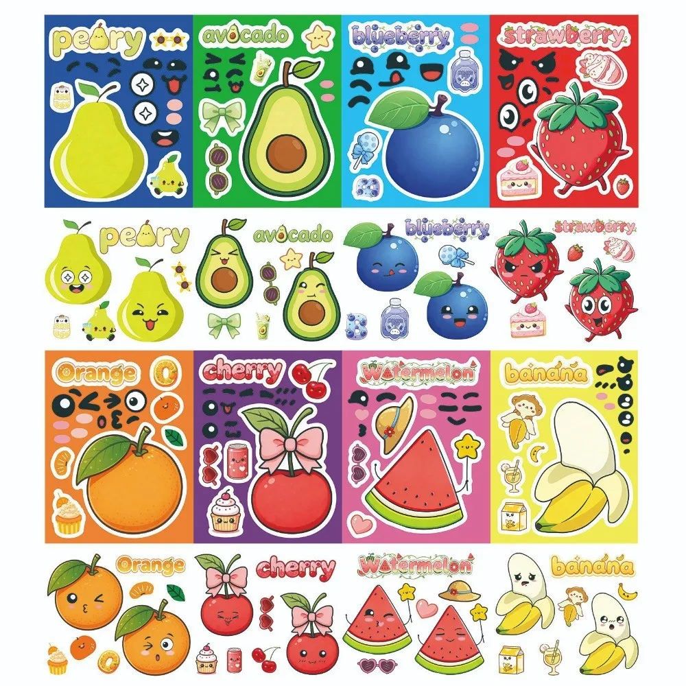 8 Sheets Make Face Cute Cartoon Fruit Stickers Waterproof DIY Decor Water Bottle Ornament Golden Memory Stickers Store