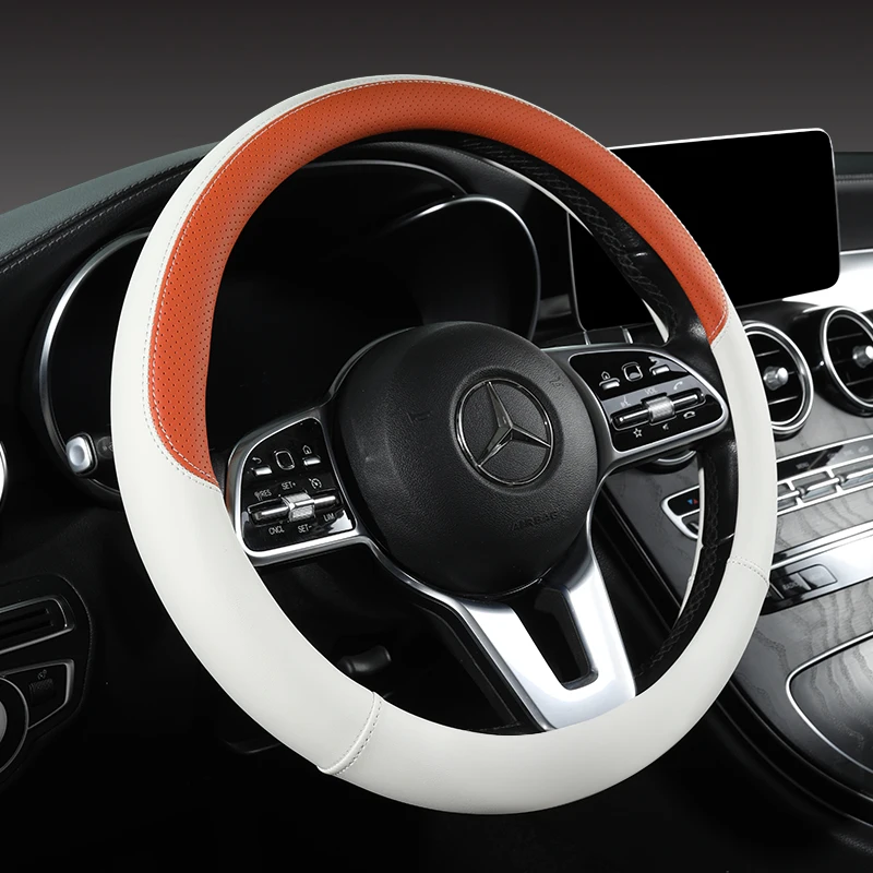 Perforated Nappa Leather Car Steering Wheel Cover Warm in Winter and Cool in Summer, Universal 15 Inch, Anti-Slip, Odorless