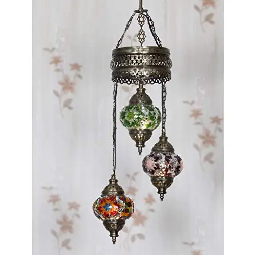 LaModaHome 35 + Unique Colors, 2020 Customizable Chandelier 3 Globes + Free 3 Bulbs, stunning Mosaic Turkish Lamp Moroccan Light