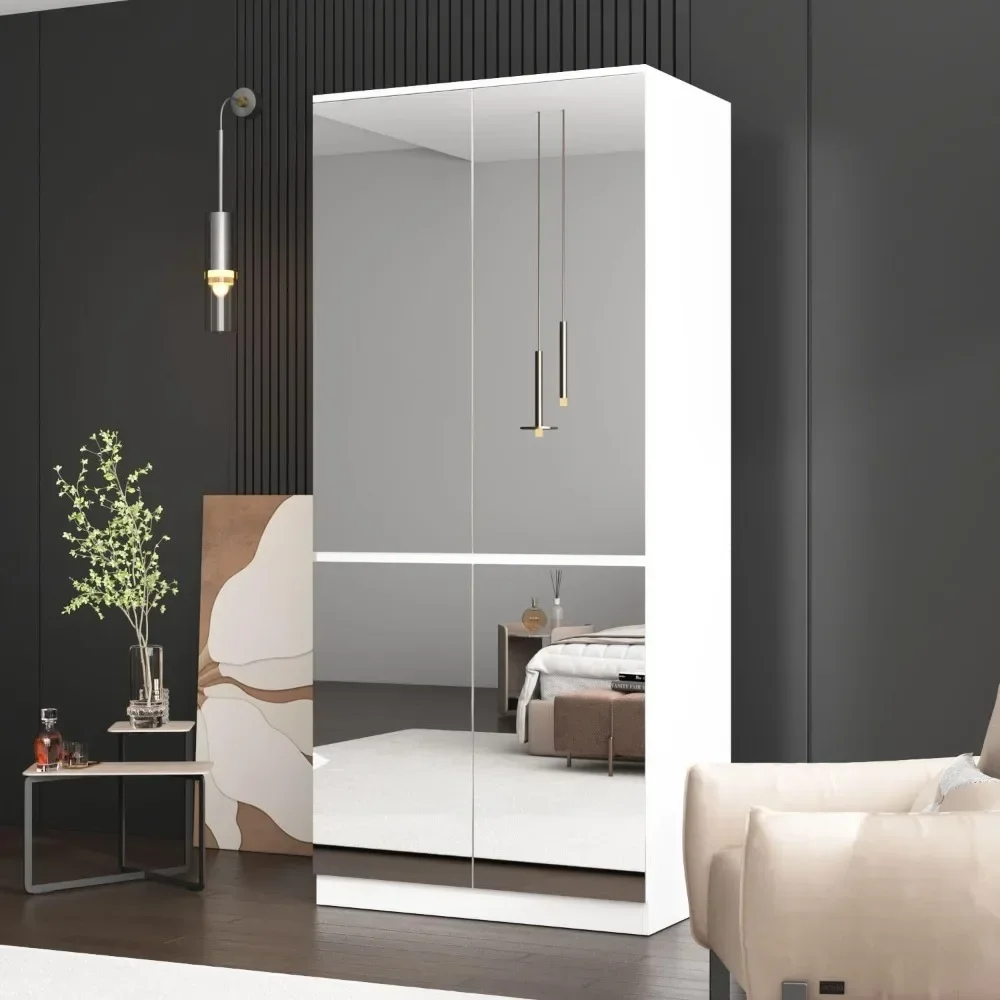 4 Door Wardrobe Closet with Mirrors, Armoire Wardrobe Closet with Hanging Rod, Mirrored Armoire for Bedroom