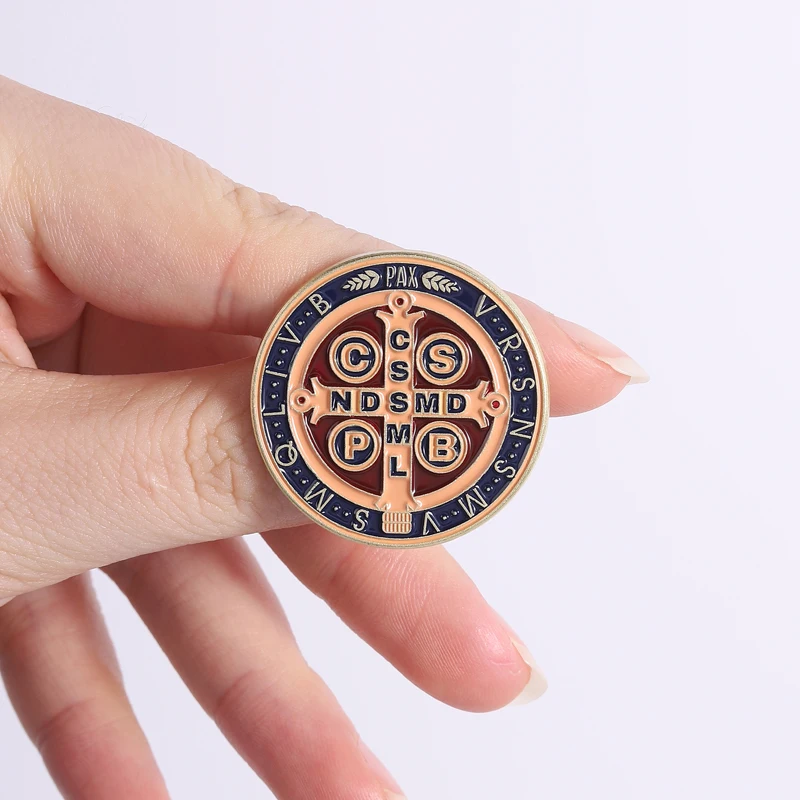 Catholic Saint Benedict Pins Vintage Religious Medal Brooches Exorcism Cross Monogram Badges Christian Faith Jewelry For Gifts